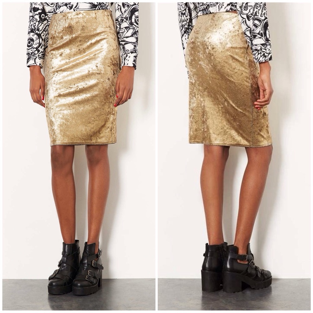 Topshop Gold Foil Velvet Tube Skirt